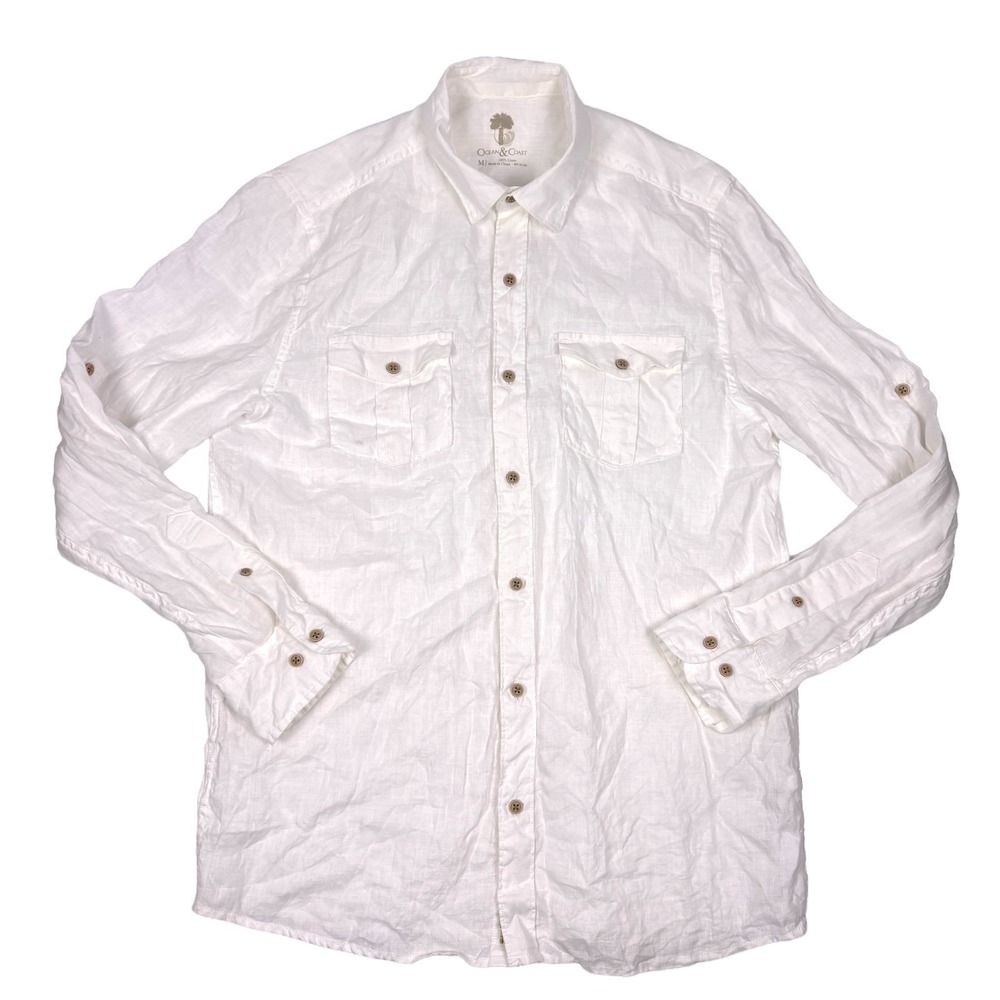 Ocean & Coast 100% Linen Button Up Shirt Mens Sz M White Roll Tab Sleeves Coastl